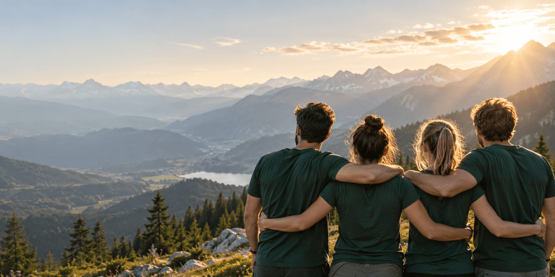 Vier Freunde in grünen T-Shirts stehen mit den Armen um die Schultern vor einer sonnigen Alpenlandschaft.