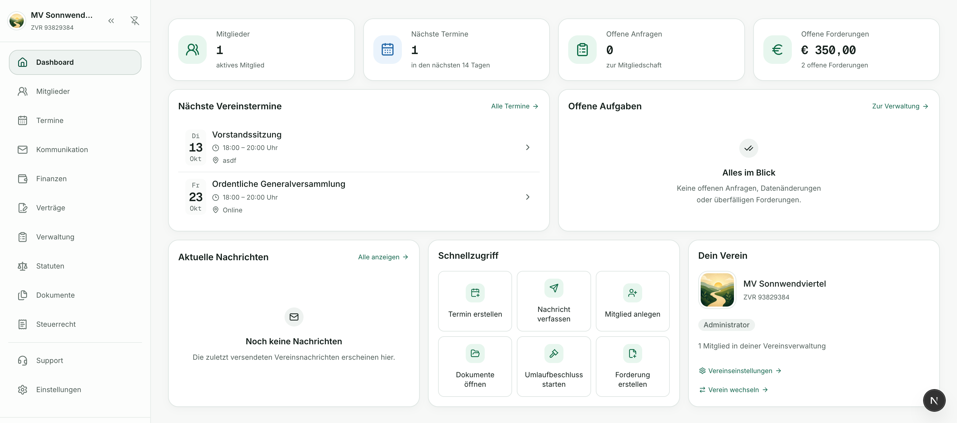 Das echte VereinsPlus-Dashboard mit Mitgliedern, nächsten Terminen, offenen Anfragen und Forderungen sowie Vereinsterminen, Aufgaben, Nachrichten, Schnellzugriffen und Vereinsinformationen.